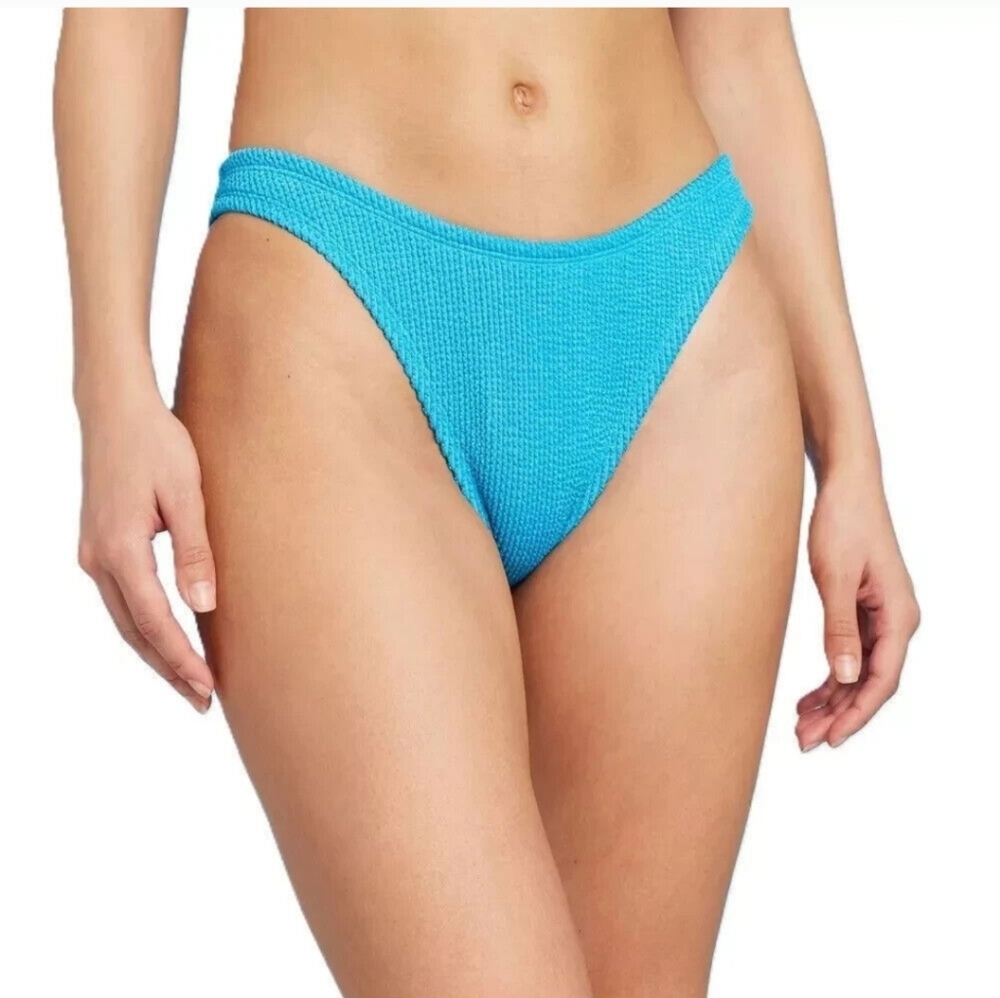 Women's Pucker Textured Low-Rise High Leg Cheeky Bikini Bottom Wild Fable Blue S